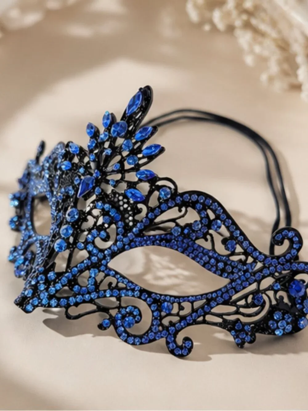 Blue Crystal Masquerade Mask, Black Venetian Mask, Formal Ball Masquerade Mask